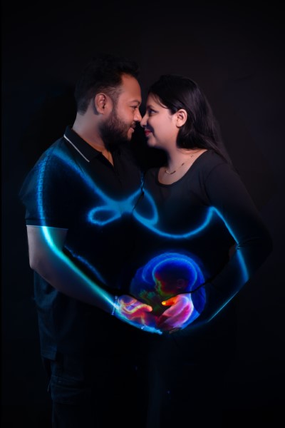Best maternity photographer Bhopal trailing designer gown studio session